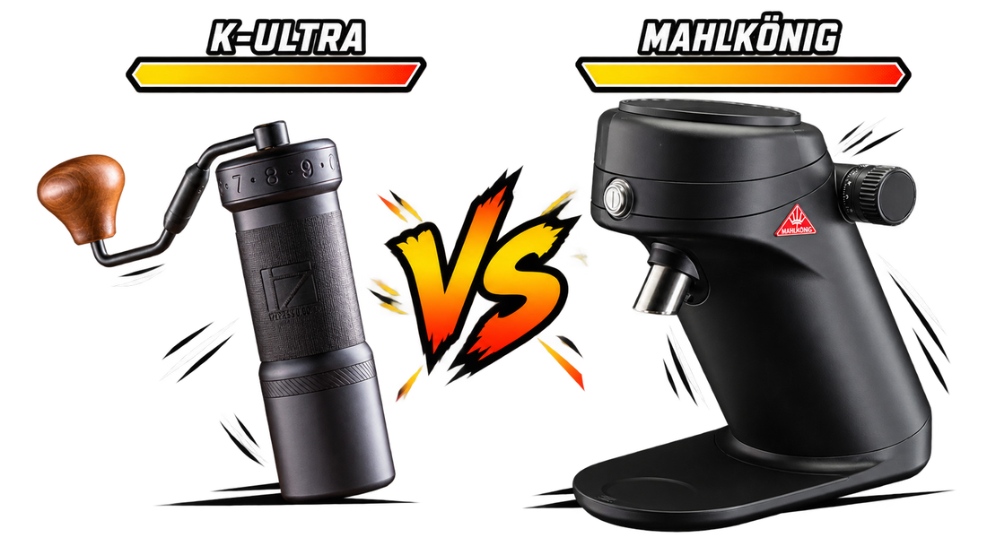 Molino manual 1Zpresso K-Ultra frente al molino eléctrico Mahlkönig X64 SD, con un «vs» entre los dos