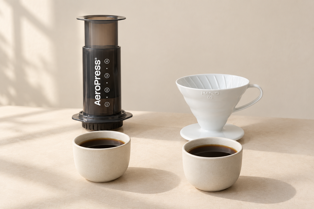 AeroPress Original y Hario V60 blanco lado a lado