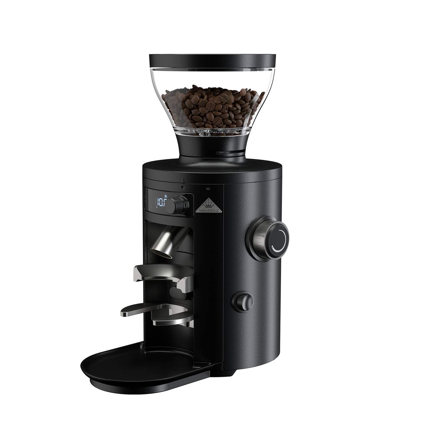 Mahlkönig X54 Allround, molino de café eléctrico negro con tolva de granos y pantalla LED, vista tres cuartos