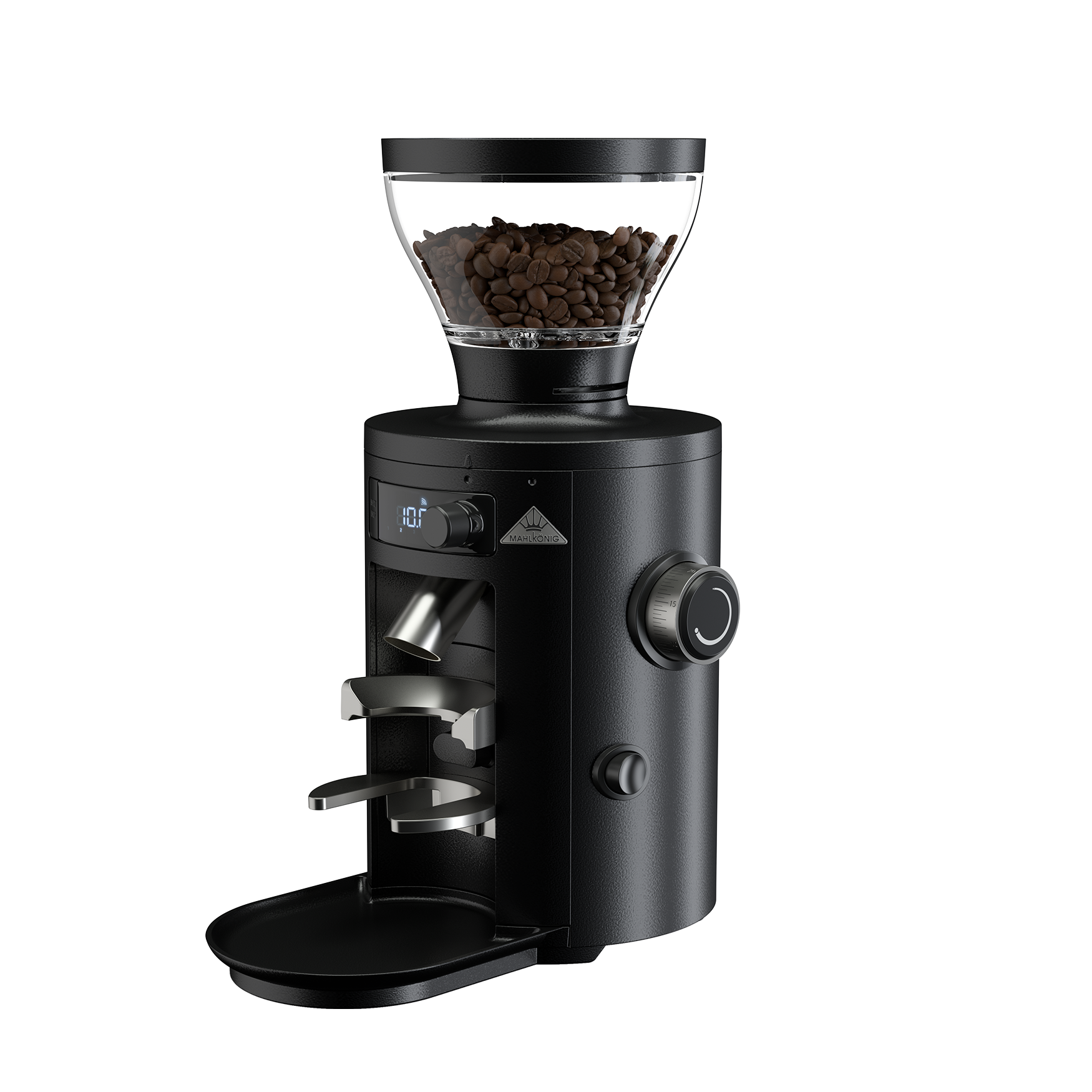 Mahlkönig X54 Allround, molino de café eléctrico negro con tolva de granos y pantalla LED, vista tres cuartos