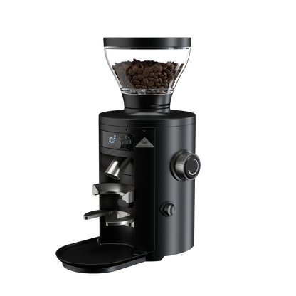 Mahlkönig X54 Allround, molino de café eléctrico negro con tolva de granos y pantalla LED, vista tres cuartos