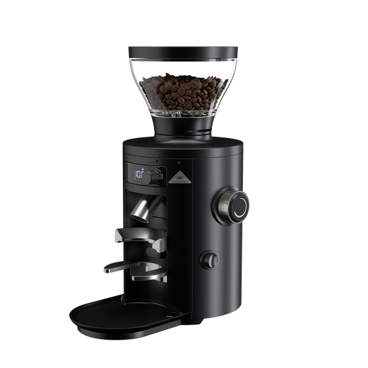 Mahlkönig X54 Allround, molino de café eléctrico negro con tolva de granos y pantalla LED, vista tres cuartos